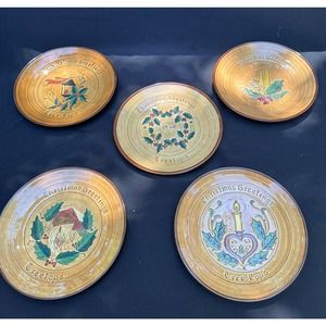 5 Vintage Pottery Christmas Greetings Treetops Plates -S25
